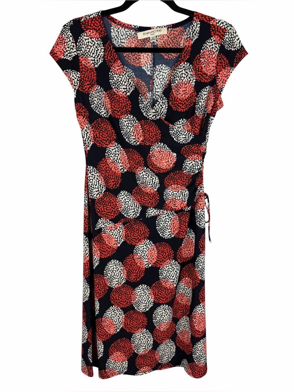 Evan-Picone Size 4 Navy Coral Abstract Faux Wrap Midi Dress